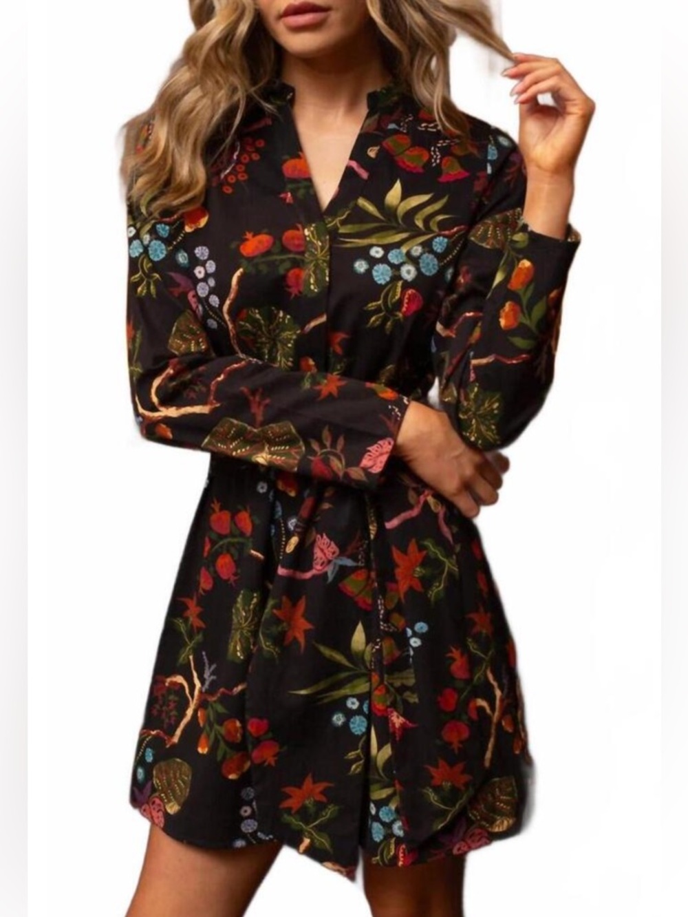 Anna Cate Marybeth Long Sleeve Mini Shirtdress Black Botanical Luxury.  21
